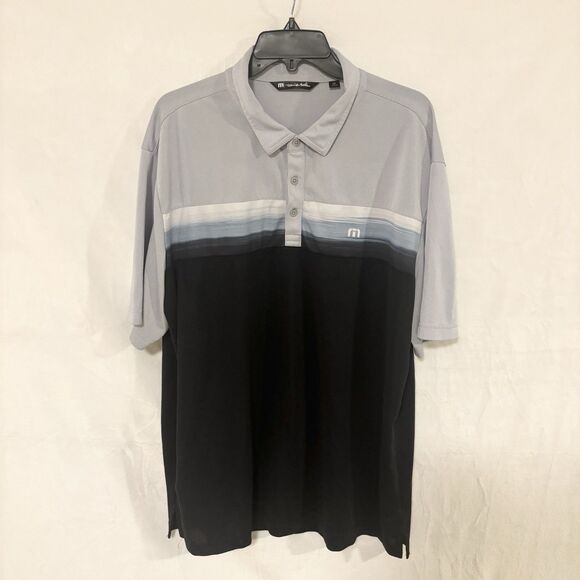 TRAVISMATHEW Polo Shirt XXL Black Gray Stripe Performance Golf Knit Stretch - Picture 1 of 7